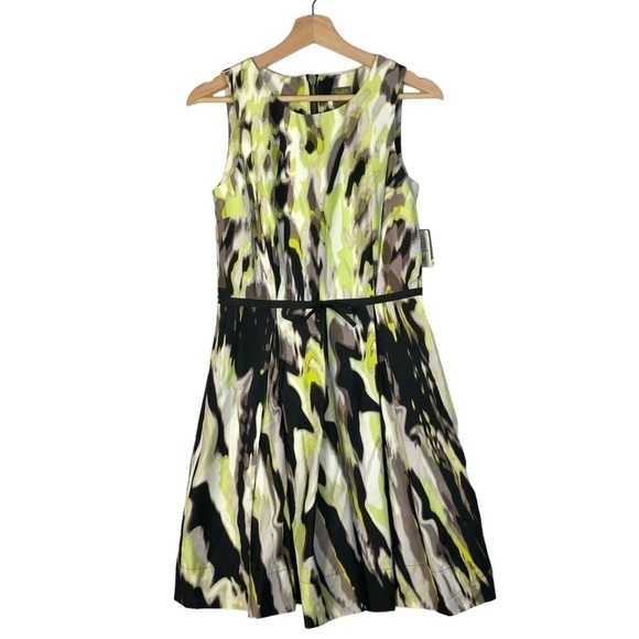 Taylor Chartreuse Green & Black Watercolor A-Line Knee Length Dress 4 - Picture 1 of 5